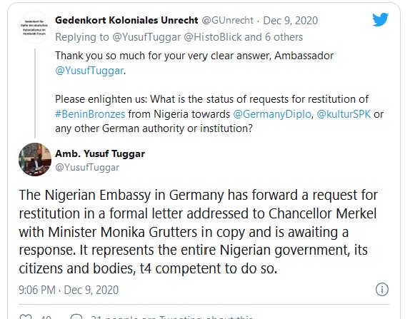 Raubkunst aus Afrika/Looted Art - Give them Back! ger/engl. 6 nigeria tweet